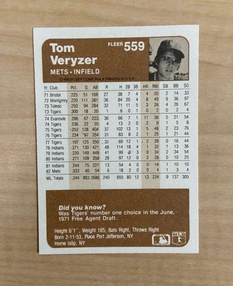 TOM VERYZER NEW YORK METS SIGNED AUTOGRAPHED 1983 FLEER CARD #559 W/COA