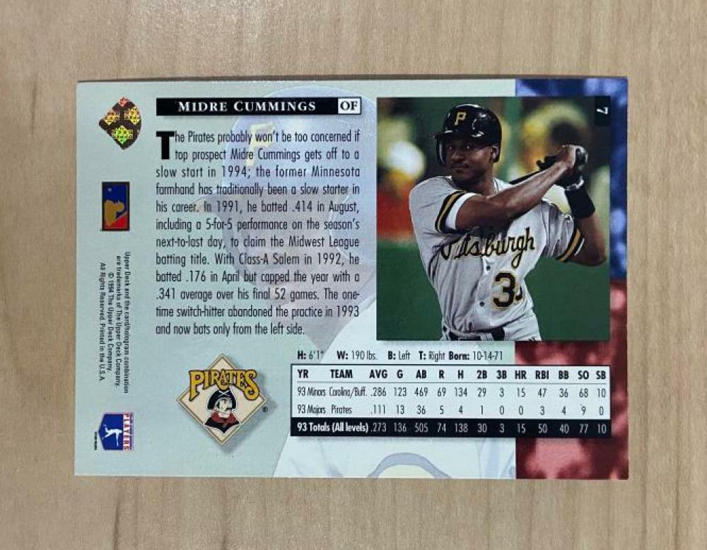 MIDRE CUMMINGS PITTSBURGH PIRATES SIGNED 1994 UPPER DECK CARD #7 W/COA 