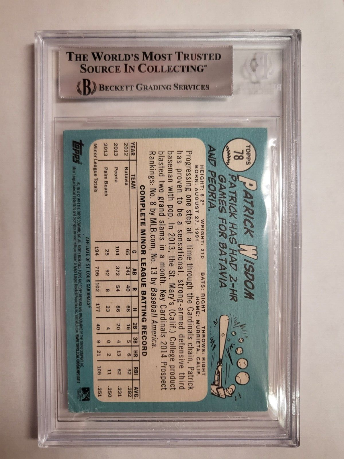 2014 TOPPS HERITAGE MINORS RC PATRICK WISDOM CARDINALS AUTO SIGNED CARD BECKETT