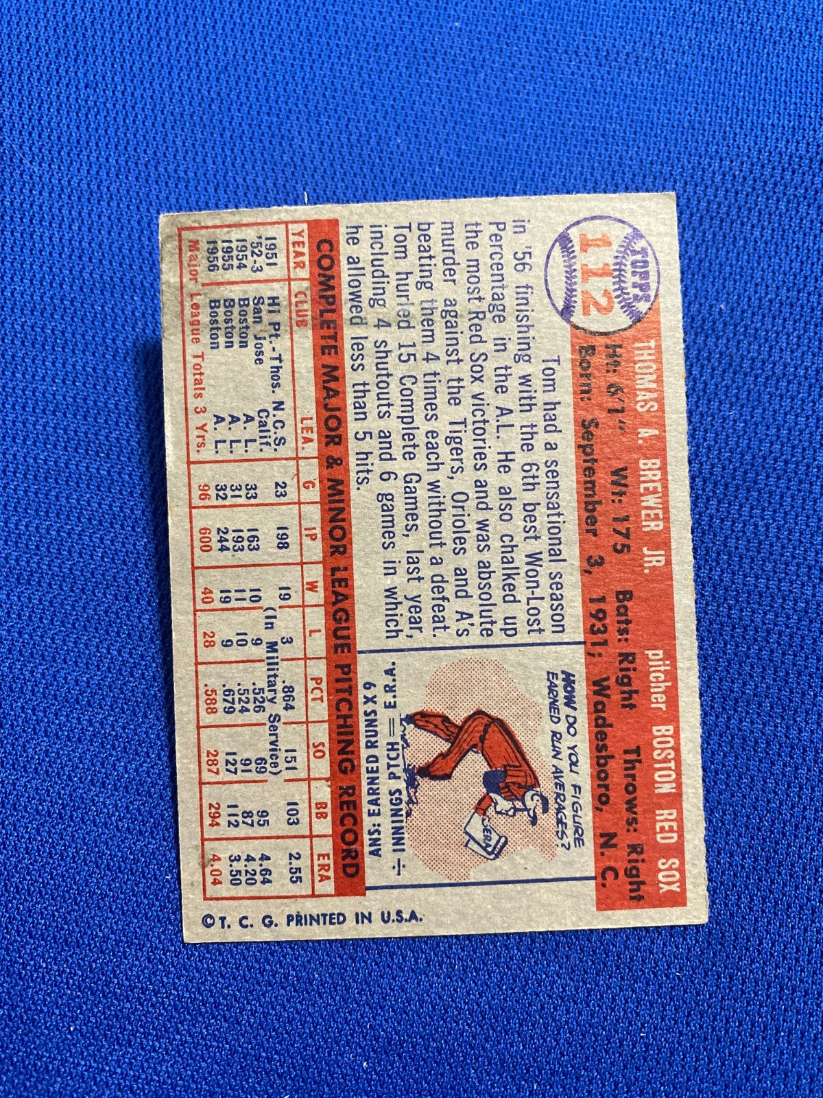 1957 TOPPS TOM BREWER BOSTON RED SOX #112 CARD VINTAGE SET-BREAK