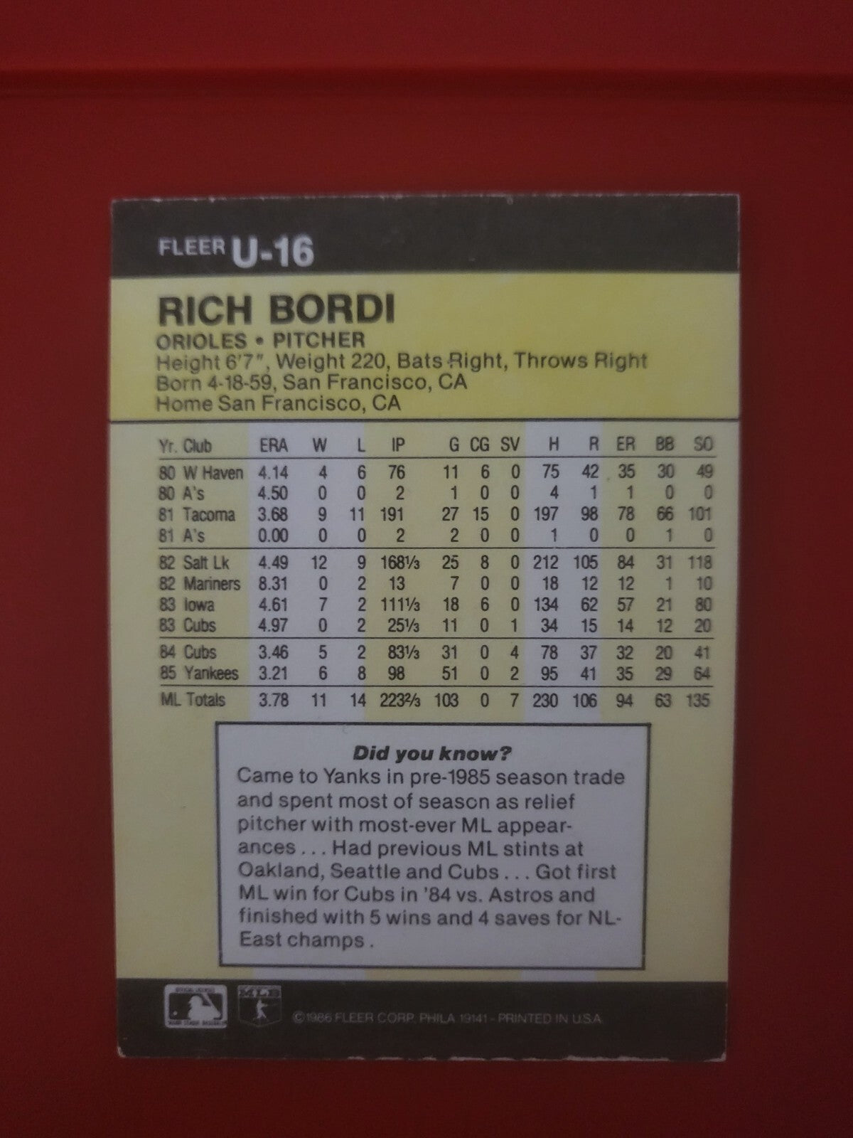1986 FLEER RICH BORDI BALTIMORE ORIOLES SIGNED AUTOGRAPHED CARD #U-16 W/COA