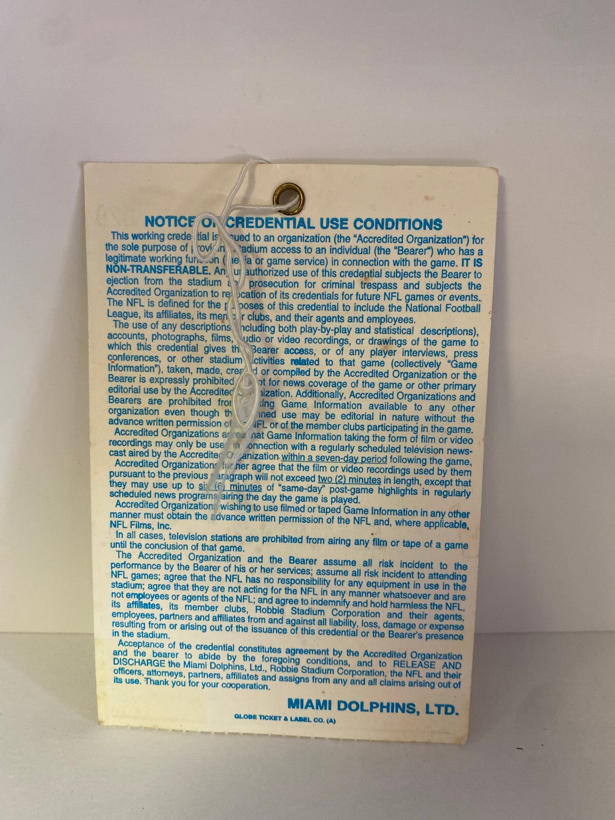 VINTAGE 1996 MIAMI DOLPHINS VS NEW YORK GIANTS STADIUM OPERATIONS PASS