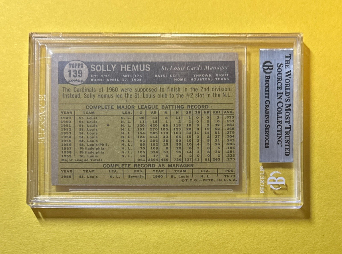 1961 TOPPS SOLLY HEMUS #139 BECKETT AUTHENTIC SIGNED AUTOGRAPHED CARD CARDINALS