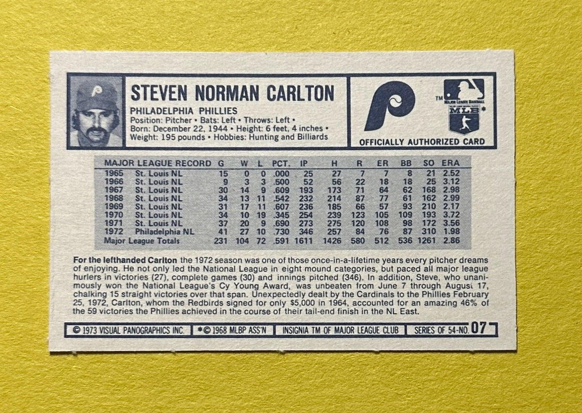 1973 KELLOG'S BASEBALL STEVE CARLTON #7 PHILLIES HOF