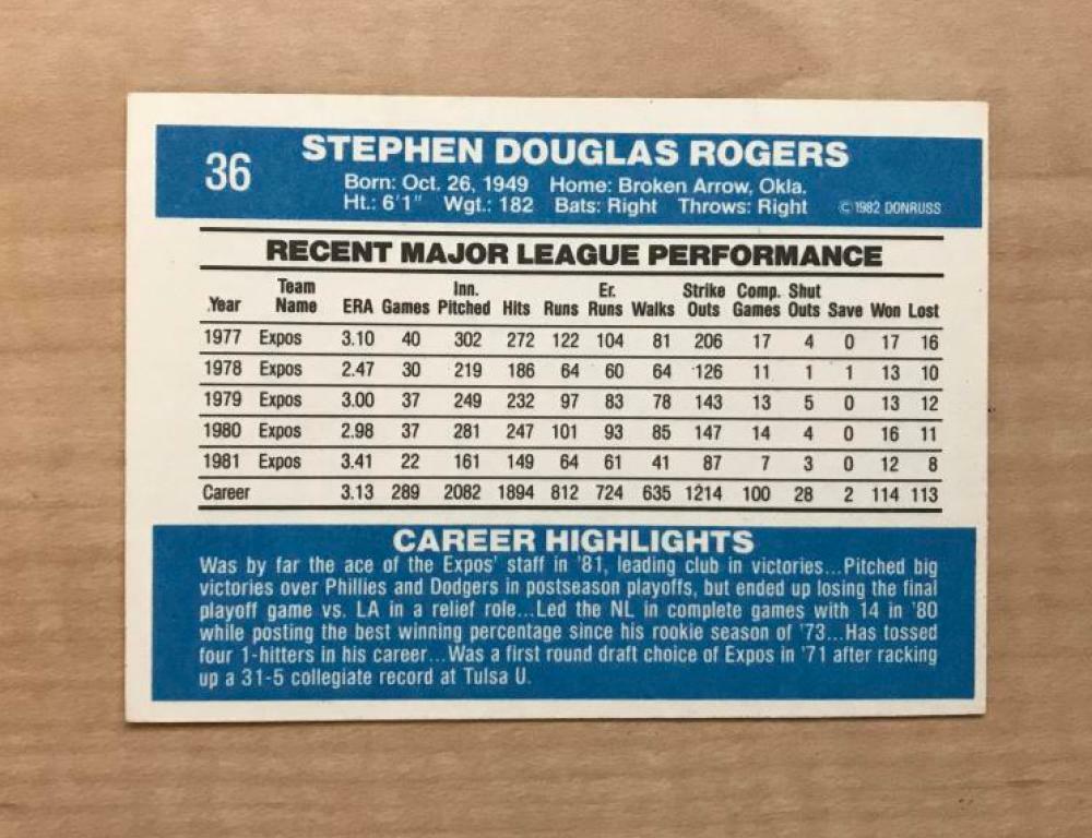 STEVE ROGERS MONTREAL EXPOS SIGNED AUTOGRAPHED 1982 DONRUSS CARD #36 W/COA 