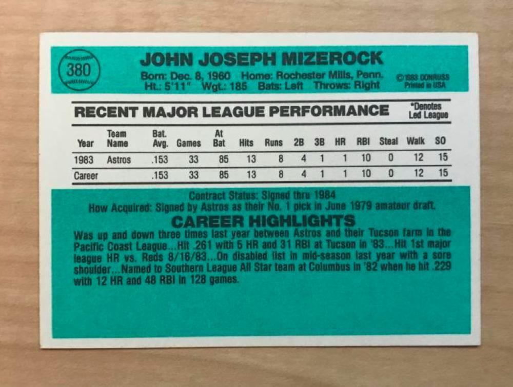 JOHN MIZEROCK HOUSTON ASTROS SIGNED AUTOGRAPHED 1984 DONRUSS CARD #380 W/COA 