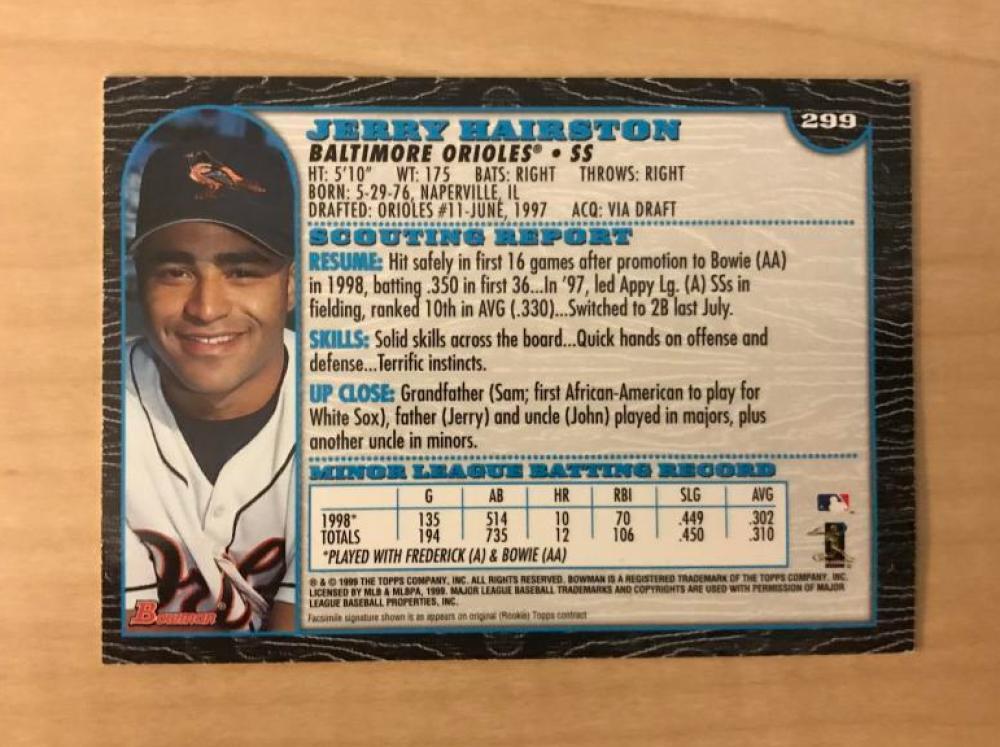 JERRY HAIRSTON BALTIMORE ORIOLES SIGNED AUTOGRAPHED 1999 BOWMAN CARD #299 W/COA 