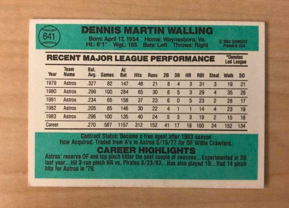 DENNY WALLING HOUSTON ASTROS SIGNED AUTOGRAPHED 1984 DONRUSS CARD #641 W/COA