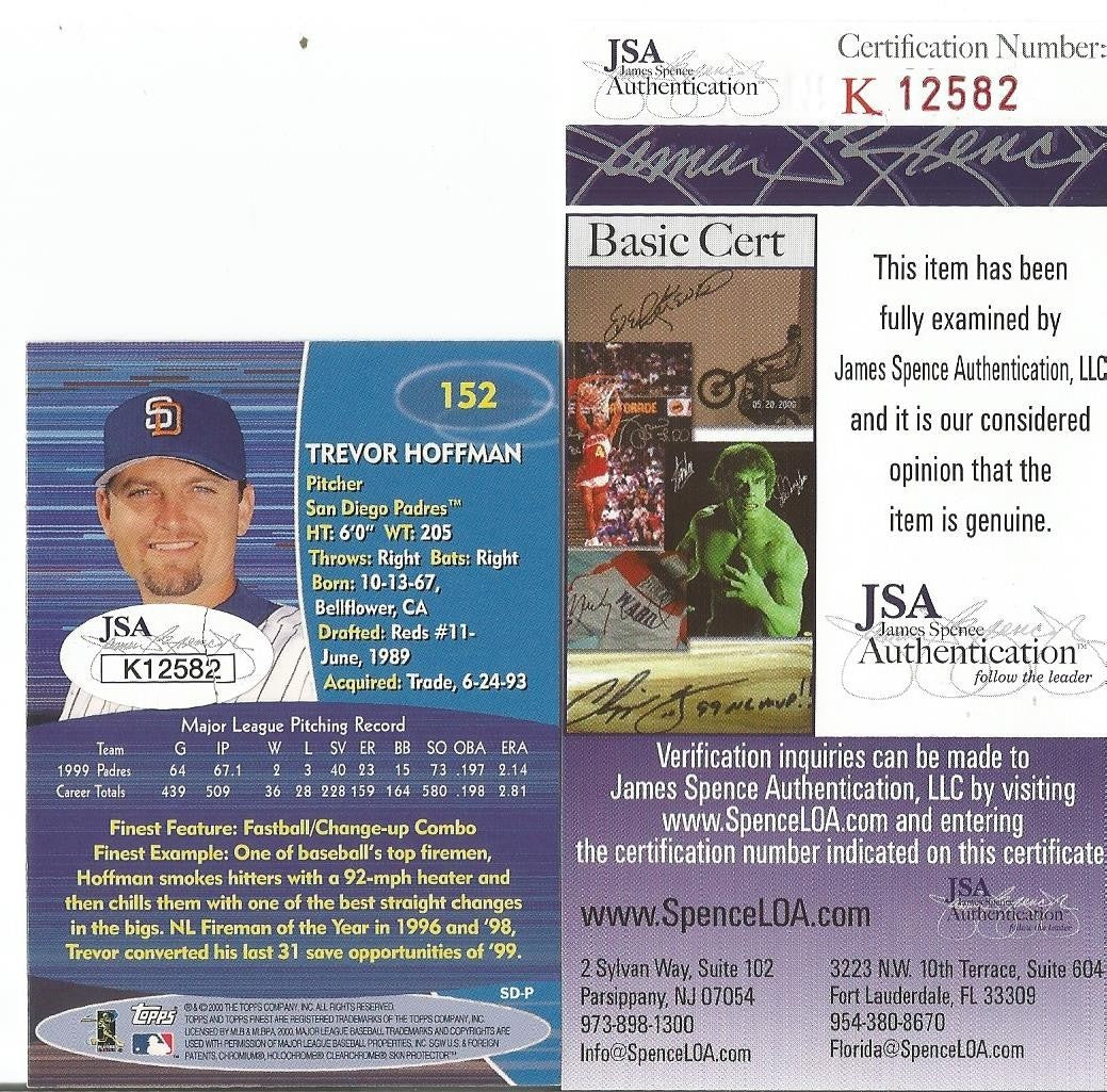 TREVOR HOFFMAN SD PADRES SIGNED AUTOGRAPH 2000 TOPPS FINEST CARD JSA COA #K12582