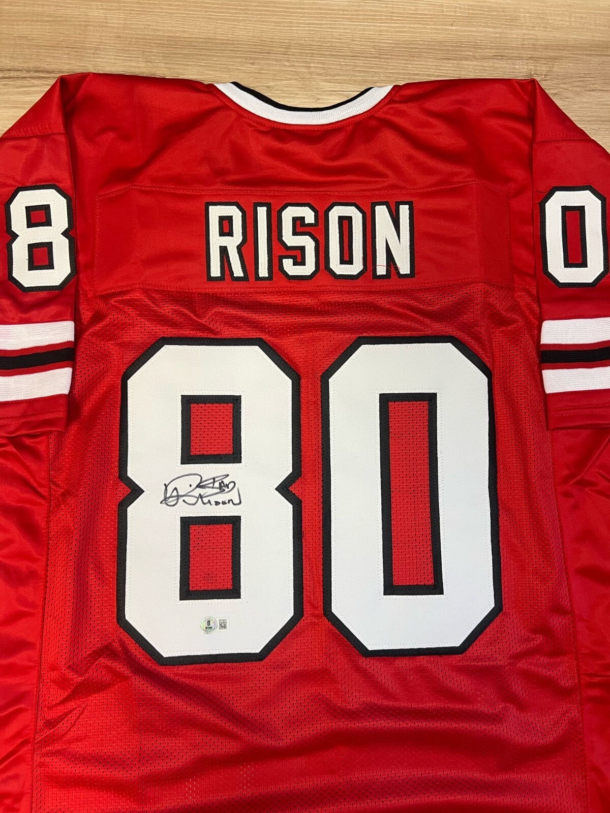 ANDRE RISON ATLANTA FALCONS SIGNED AUTOGRAPHED RED CUSTOM JERSEY SZ XL BAS