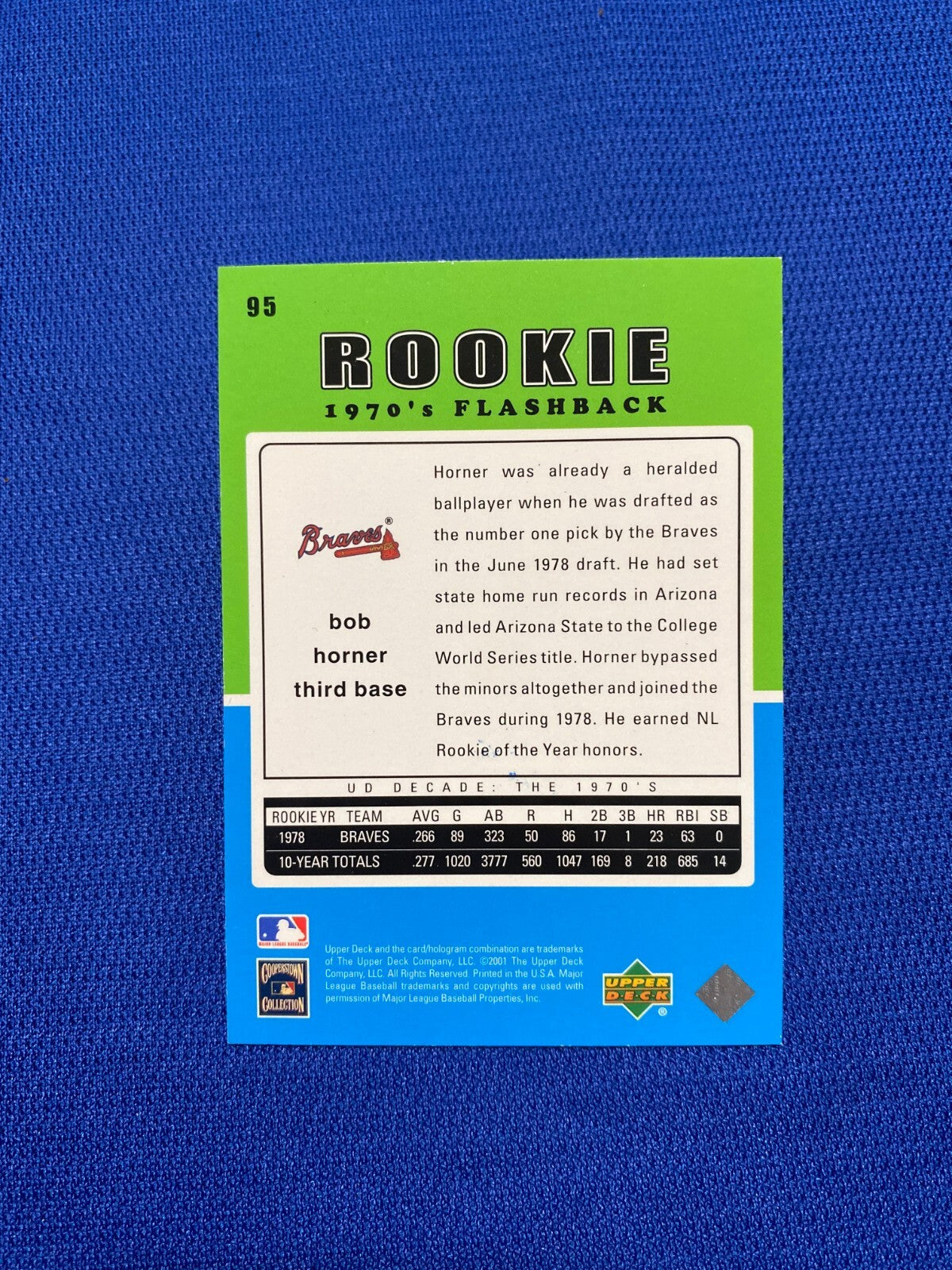 2001 UPPER DECK BOB HORNER ATLANTA BRAVES SIGNED AUTOGRAPHED #95 CARD W/COA
