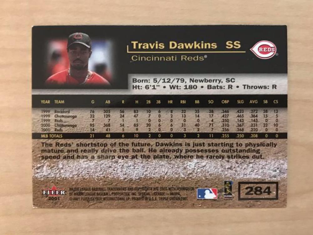 TRAVIS DAWKINS CINCINNATI REDS SIGNED AUTOGRAPHED 2001 FLEER CARD #284 W/COA