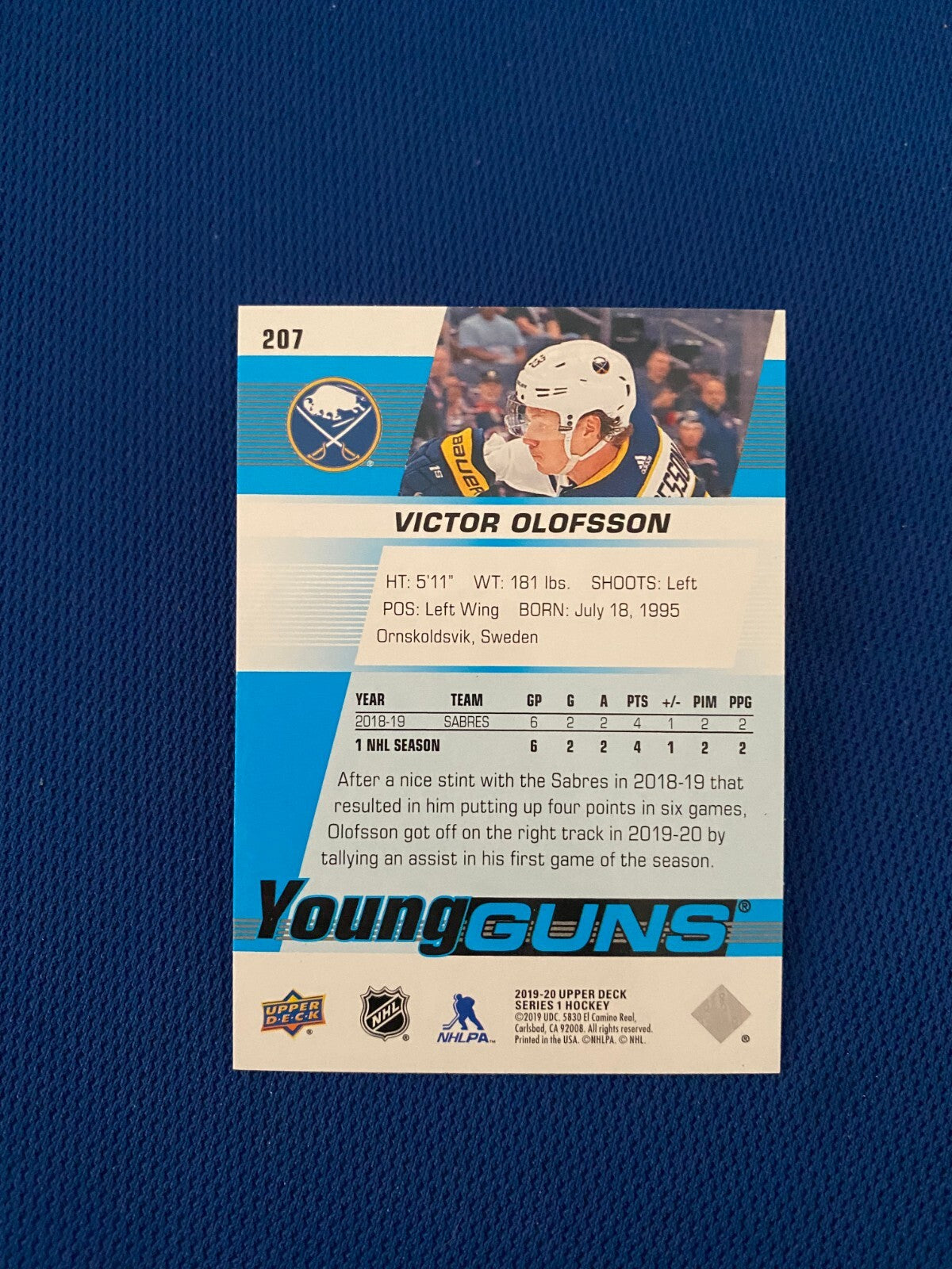 2019-20 UPPER DECK SERIES 1 VICTOR OLOFSSON YOUNG GUNS RC ROOKIE CARD #207