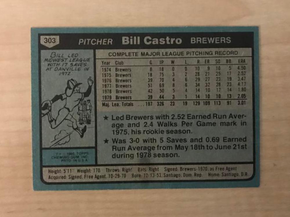 BILL CASTRO MILWAUKEE BREWERS SIGNED AUTOGRAPHED 1980 TOPPS CARD #303 W/COA 