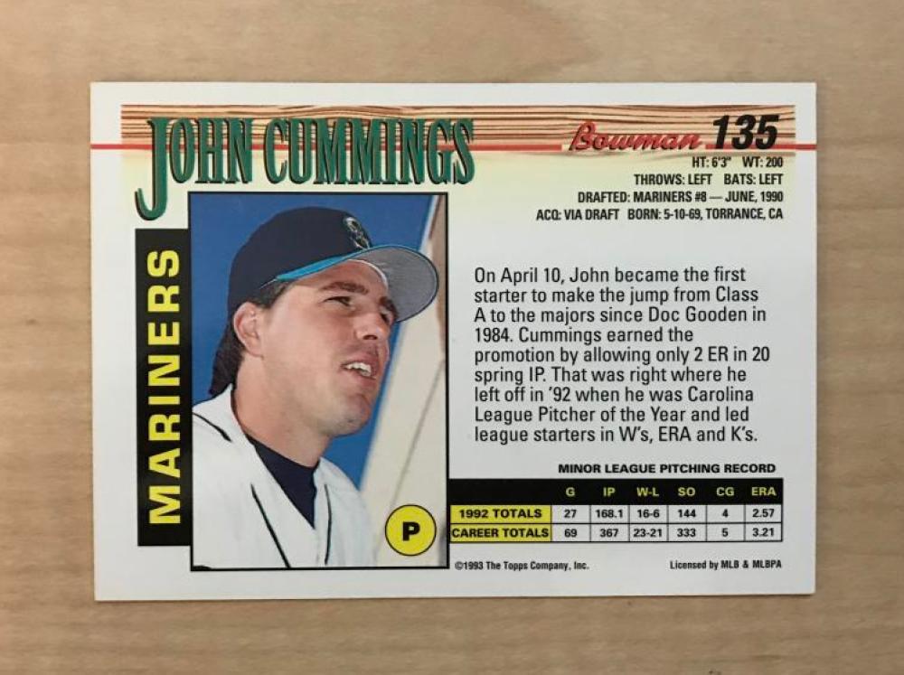 JOHN CUMMINGS SEATTLE MARINERS SIGNED AUTOGRAPHED 1993 BOWMAN CARD #135 W/COA