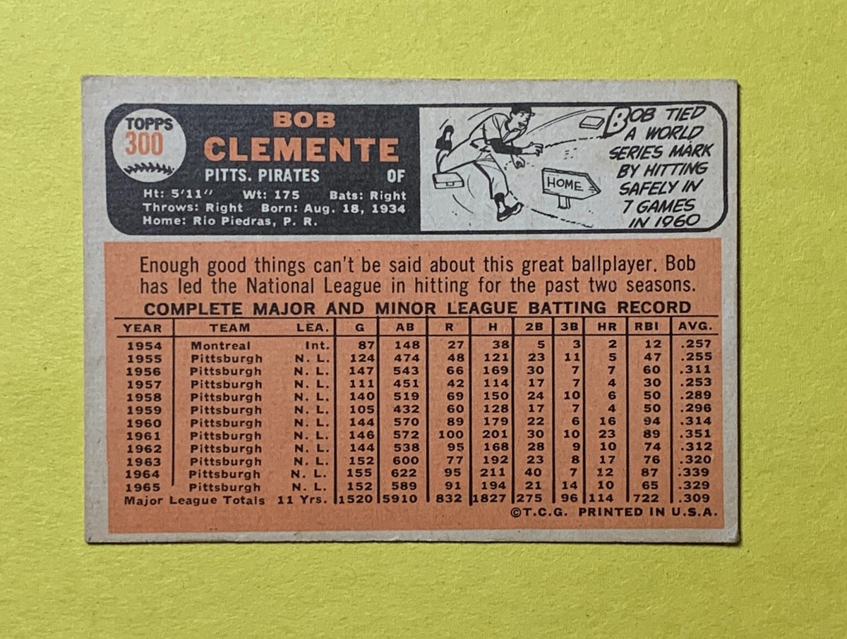 1966 TOPPS BOB "ROBERTO" CLEMENTE #300 PIRATES HOF