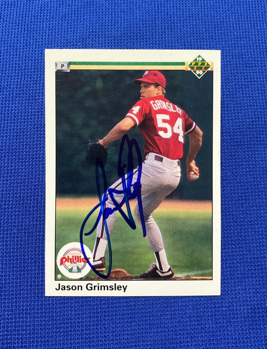 1990 UPPER DECK JASON GRIMSLEY PHILLIES SIGNED AUTOGRAPHED AUTO #27 CARD W/COA