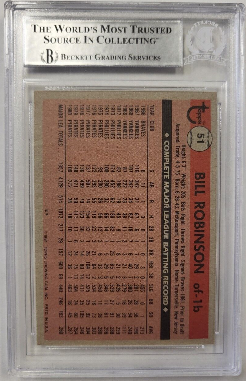 1981 TOPPS BILL ROBINSON #51 PIRATES AUTHENTIC AUTO CERTIFIED BECKETT CARD
