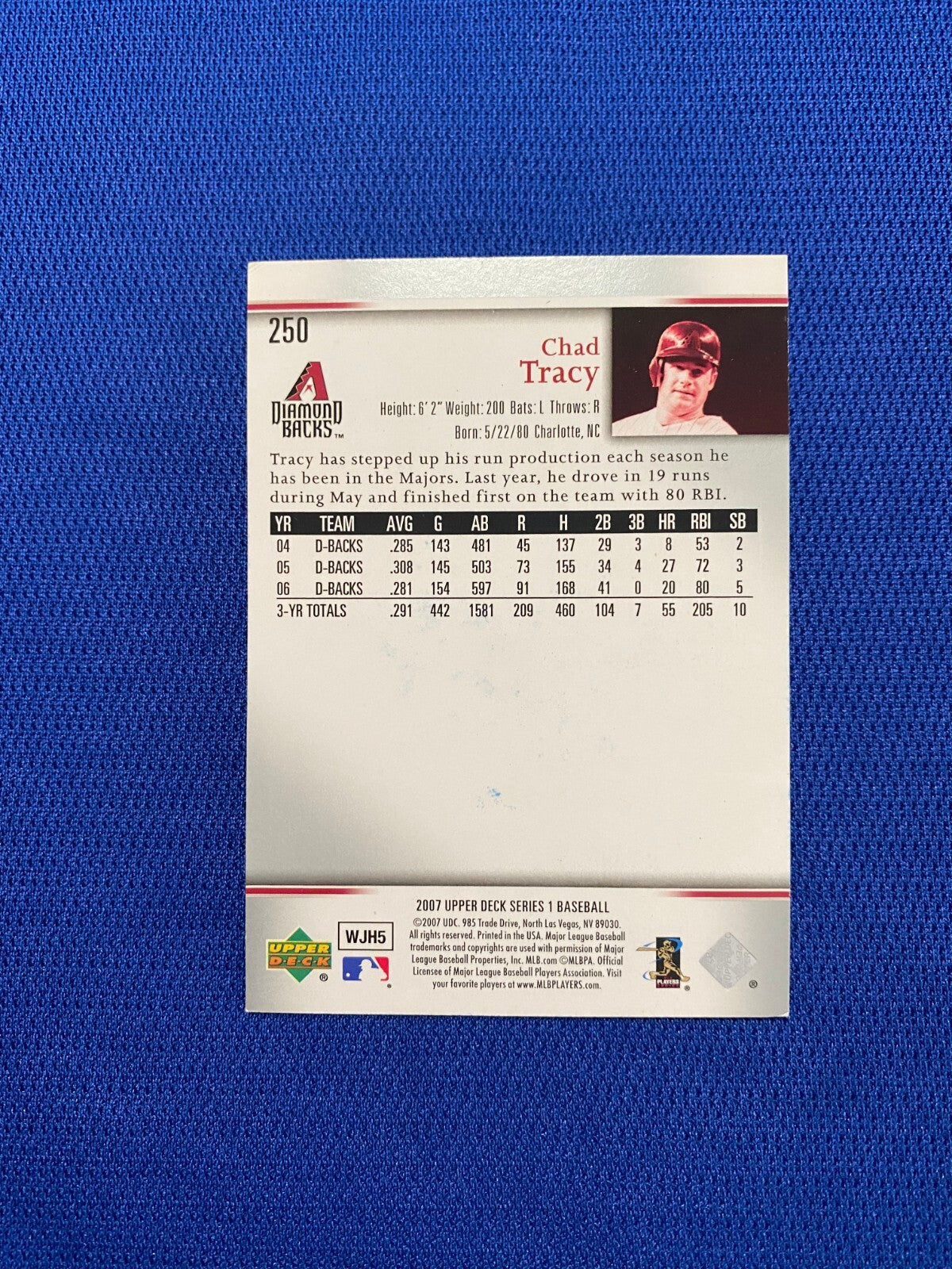 2007 UPPER DECK CHAD TRACY ARIZONA DIAMONDBACKS SIGNED AUTO CARD #250 W/COA