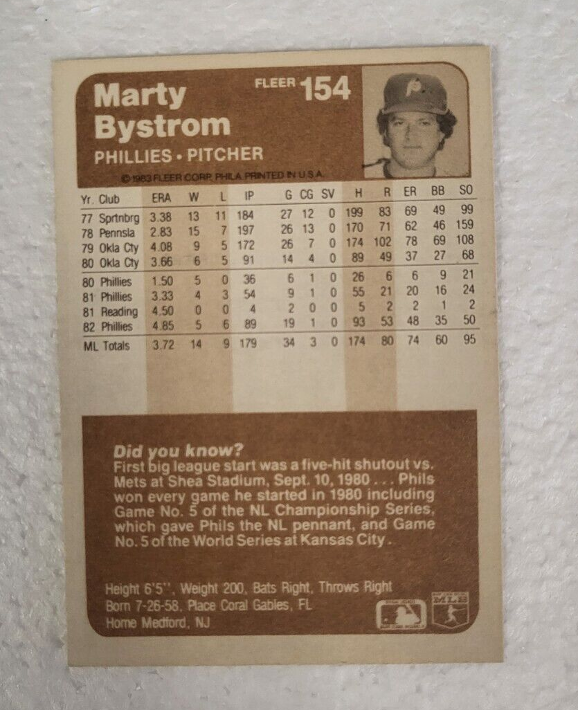 1983 FLEER MARTY BYSTROM PHILADELPHIA PHILLIES SIGNED AUTO CARD #154 W/COA