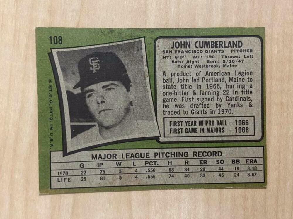 JOHN CUMBERLAND SAN FRANCISCO GIANTS SIGNED 1971 TOPPS CARD #108 W/COA