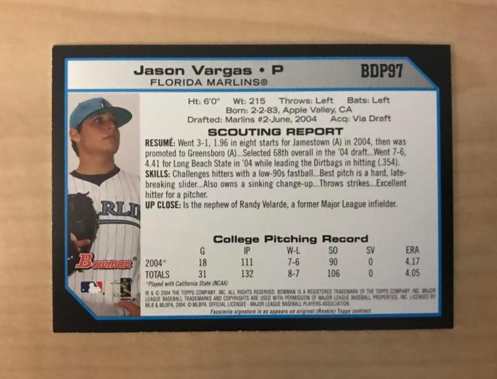 JASON VARGAS FLORIDA MARLINS SIGNED AUTOGRAPHED 2004 BOWMAN CARD #BDP97 W/COA