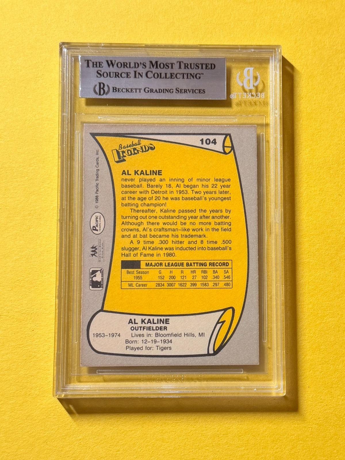 1988 PACIFIC LEGENDS 1 AL KALINE #104 SIGNED AUTO CARD BECKETT AUTHENTIC TIGERS