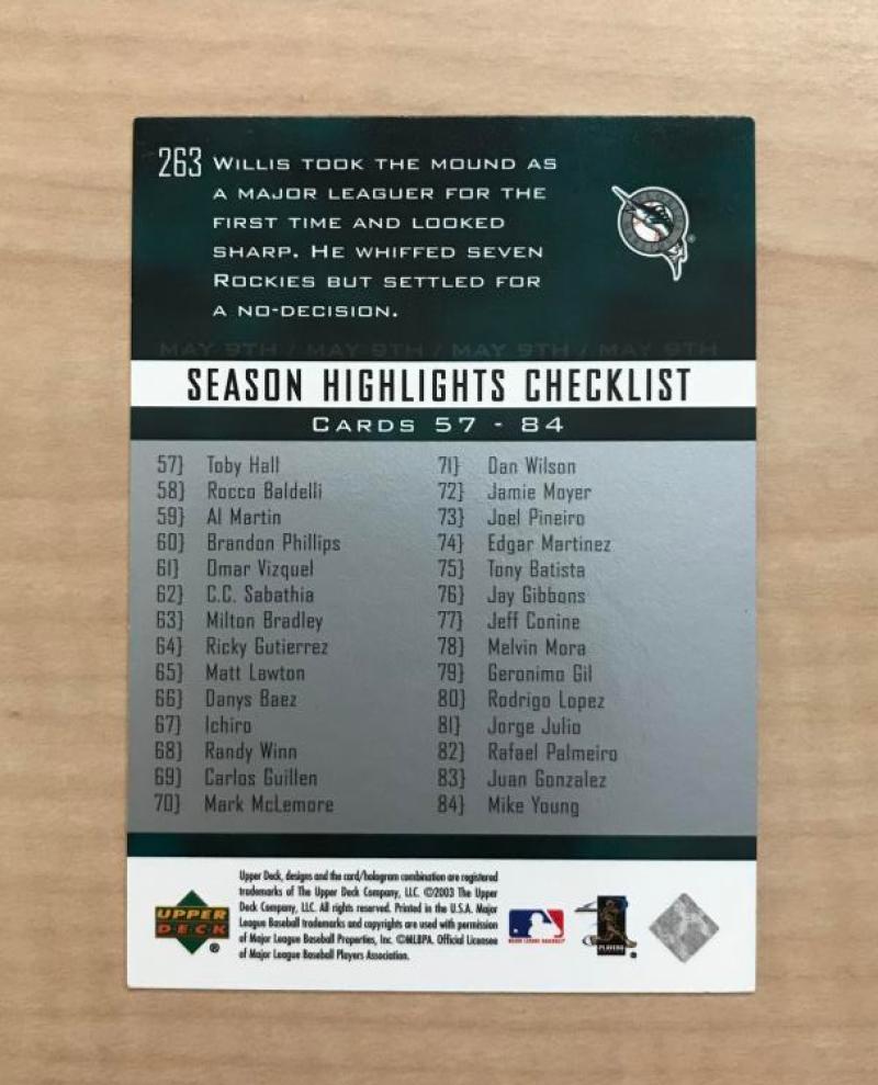 DONTRELLE WILLIS FLORIDA MARLINS AUTOGRAPHED 2003 UPPER DECK CARD #263 W/COA 