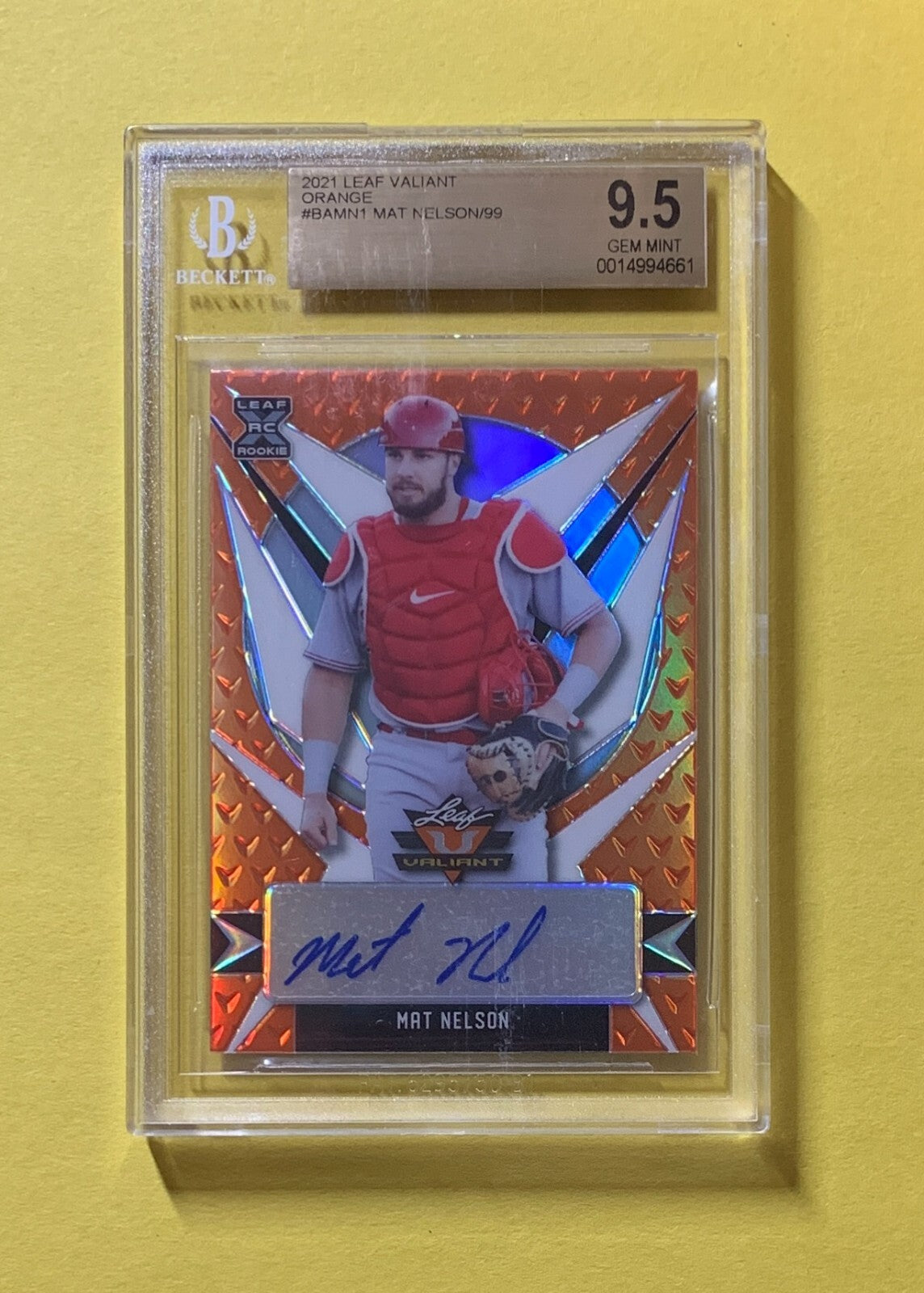 2021 LEAF VALIANT MAT NELSON ORANGE AUTO /99 #BAMN1 BGS GEM MINT 9.5 10 REDS
