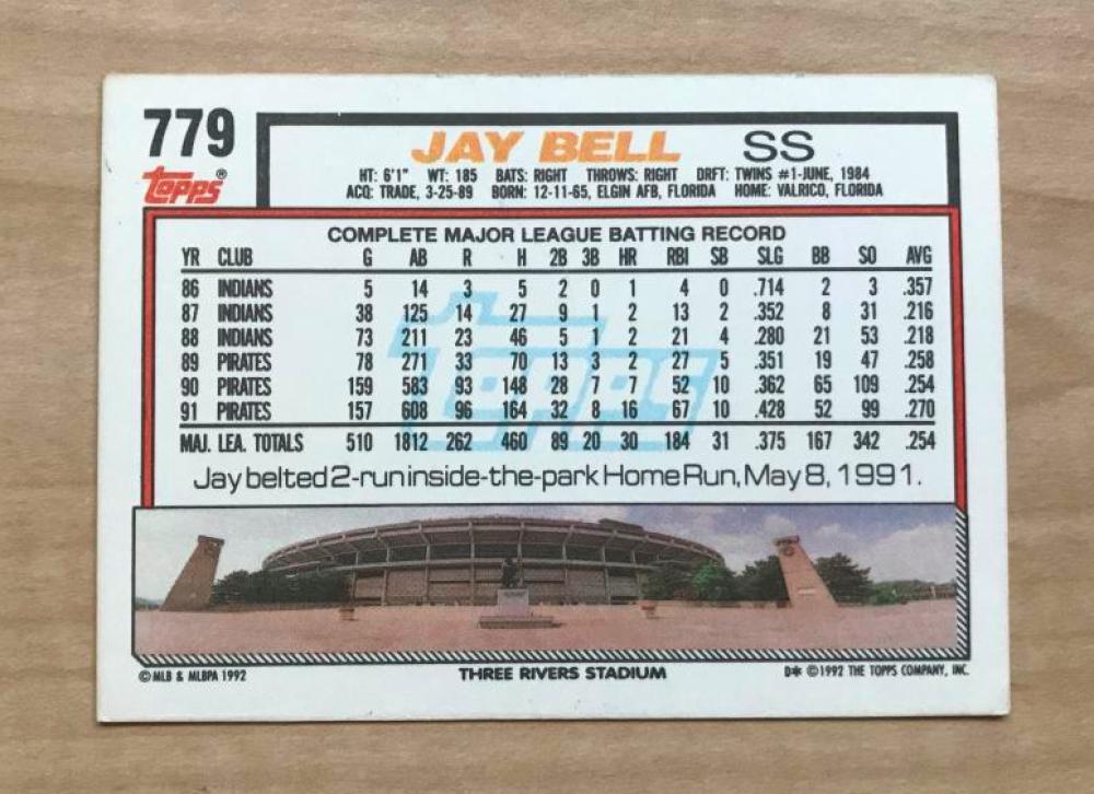 JAY BELL PITTSBURGH PIRATES SIGNED AUTOGRAPHED 1992 TOPPS CARD #779 W/COA