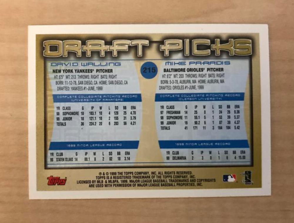 MIKE PARADIS BALTIMORE ORIOLES SIGNED AUTOGRAPHED 2000 TOPPS CARD #215 W/COA 