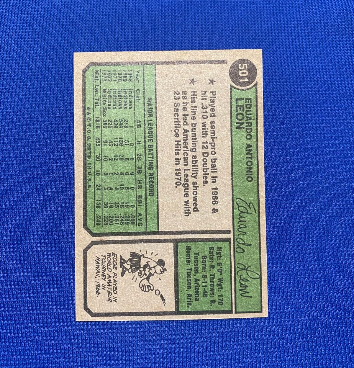 1974 TOPPS EDDIE LEON CHICAGO WHITE SOX SIGNED AUTOGRAPHED CARD #501 W/COA