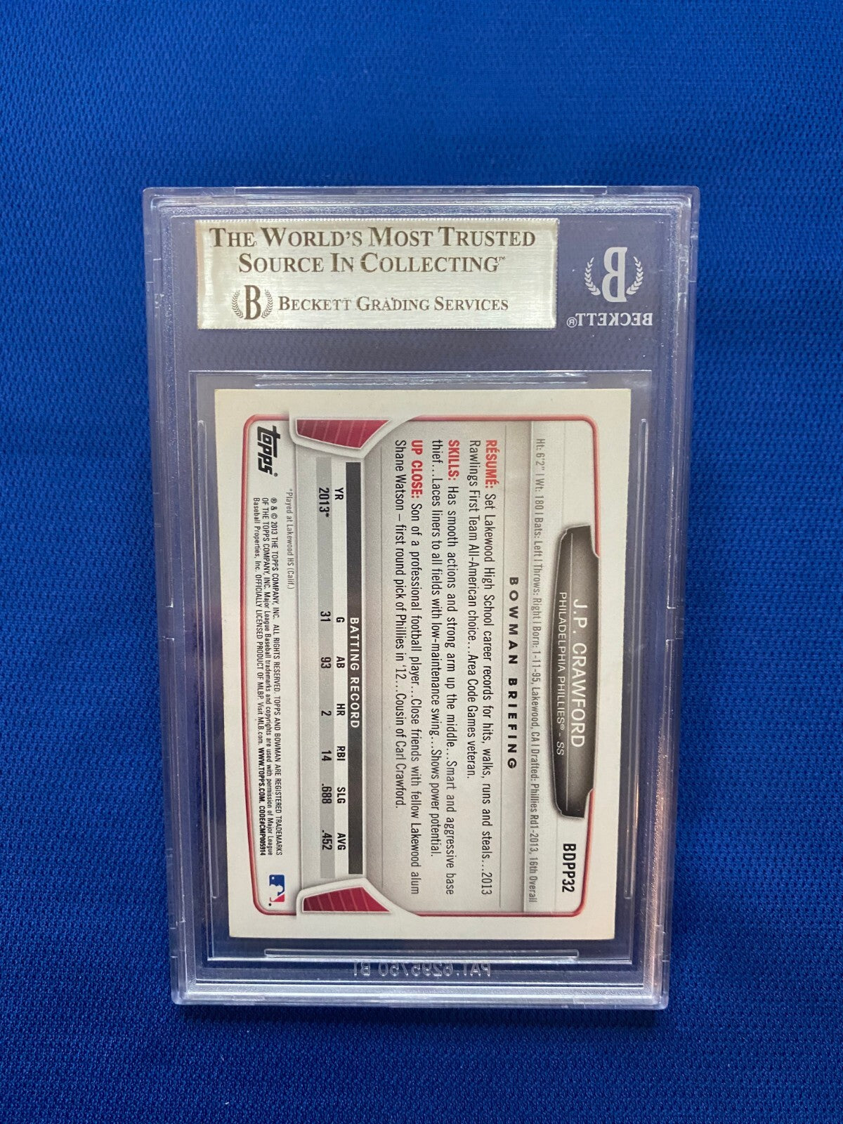 2013 BOWMAN DRAFT PICKS J.P. CRAWFORD SIGNED AUTOGRAPHED RC ROOKIE BECKETT *