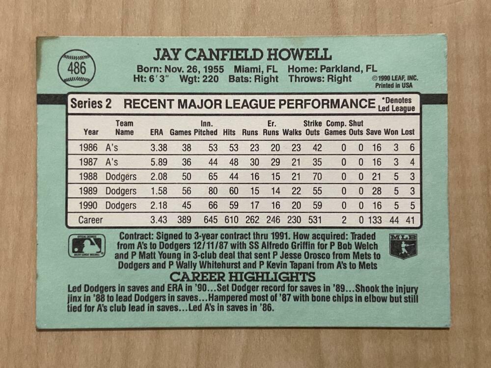 JAY HOWELL LOS ANGELES DODGERS SIGNED 1991 DONRUSS SERIES 2 CARD # 486 W/COA