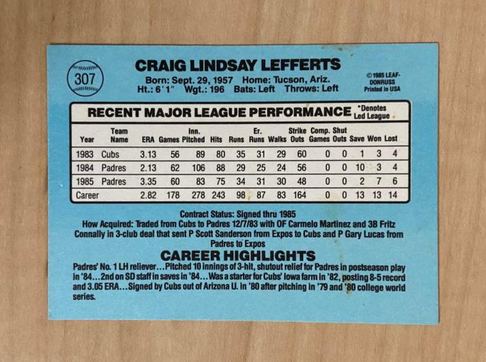 CRAIG LEFFERTS SAN FRANCISCO GIANTS SIGNED 1986 DONRUSS CARD #307 W/COA
