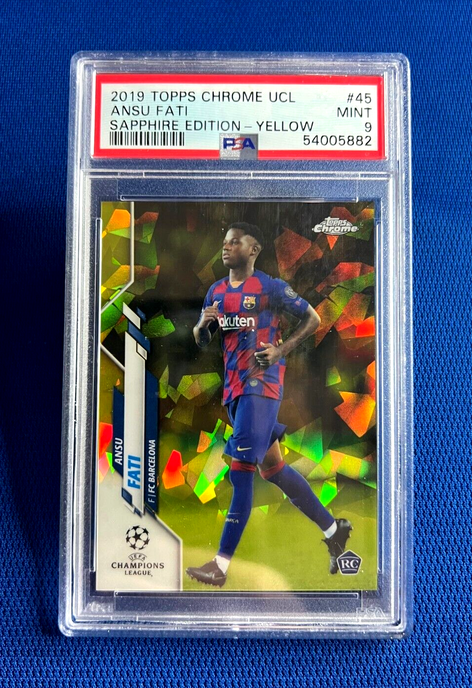 2019 TOPPS CHROME UCL ANSU FATI SAPPHIRE EDITION YELLOW #45 CARD /99 PSA 9 MINT