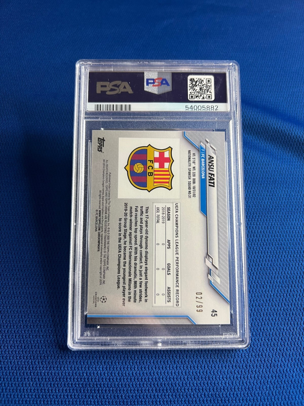 2019 TOPPS CHROME UCL ANSU FATI SAPPHIRE EDITION YELLOW #45 CARD /99 PSA 9 MINT