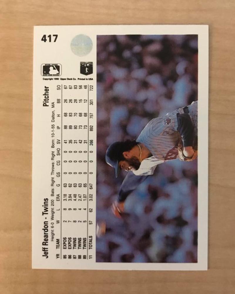 JEFF REARDON MINNESOTA TWINS SIGNED AUTOGRAPHED 1990 UPPER DECK CARD #417 W/COA