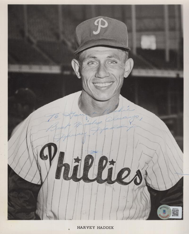 HARVEY HADDIX  PHILLIES PERSONALIZED RARE SIGNED 8X10 PHOTO BECKETT BK57012