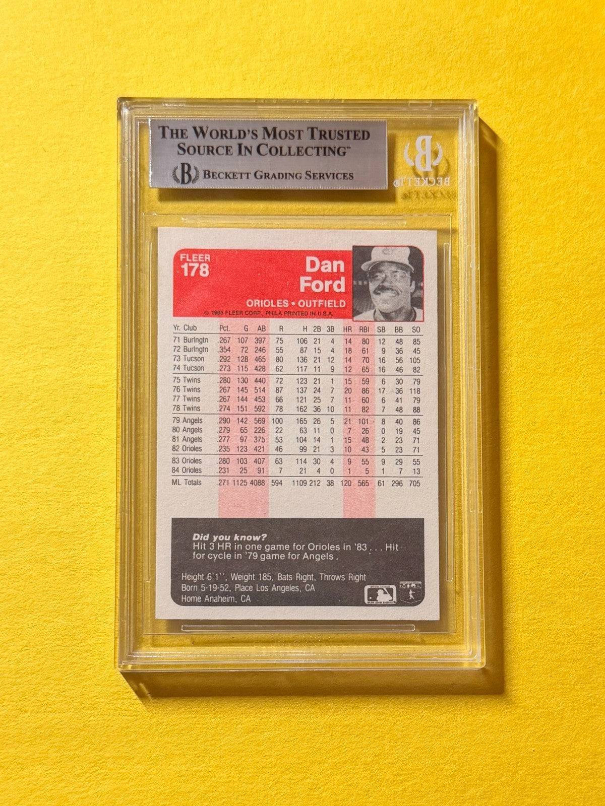 1985 FLEER DAN FORD #178 SIGNED AUTO CARD BECKETT AUTHENTIC ORIOLES