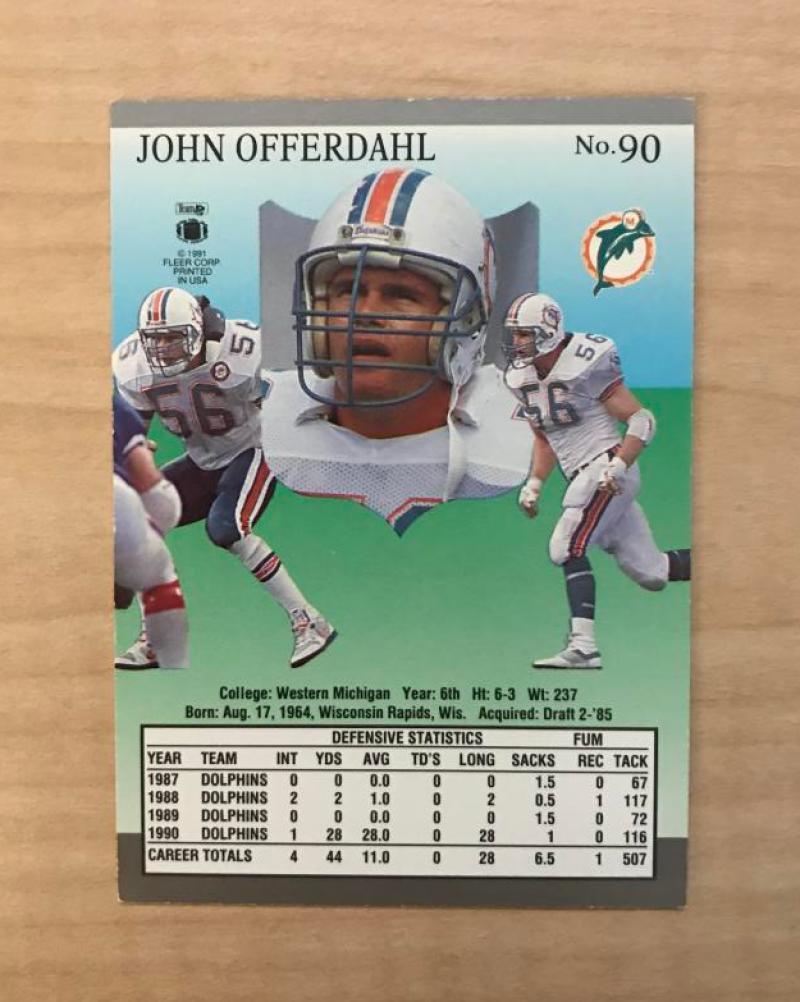 JOHN OFFERDAHL MIAMI DOLPHINS SIGNED AUTOGRAPHED 1991 FLEER ULTRA CARD #90 W/COA