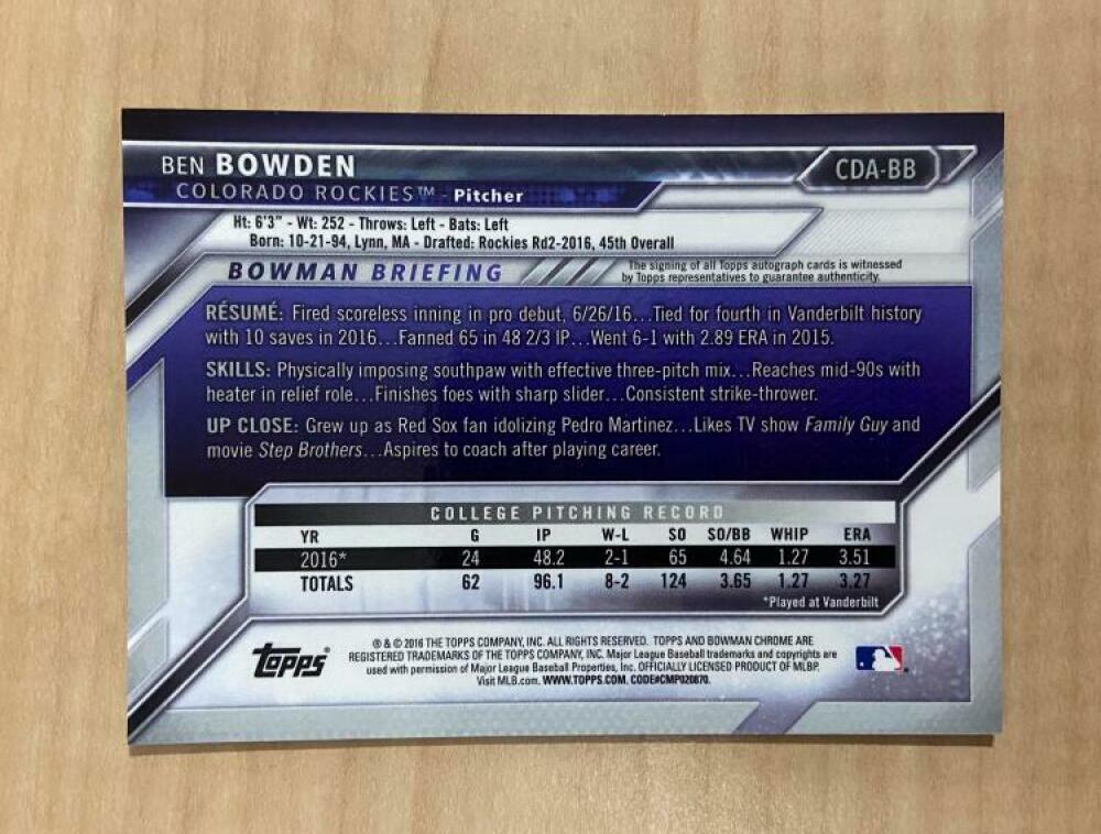 BEN BOWDEN COLORADO ROCKIES SIGNED 2016 BOWMAN CHROME CARD #CDA-BB W/COA 