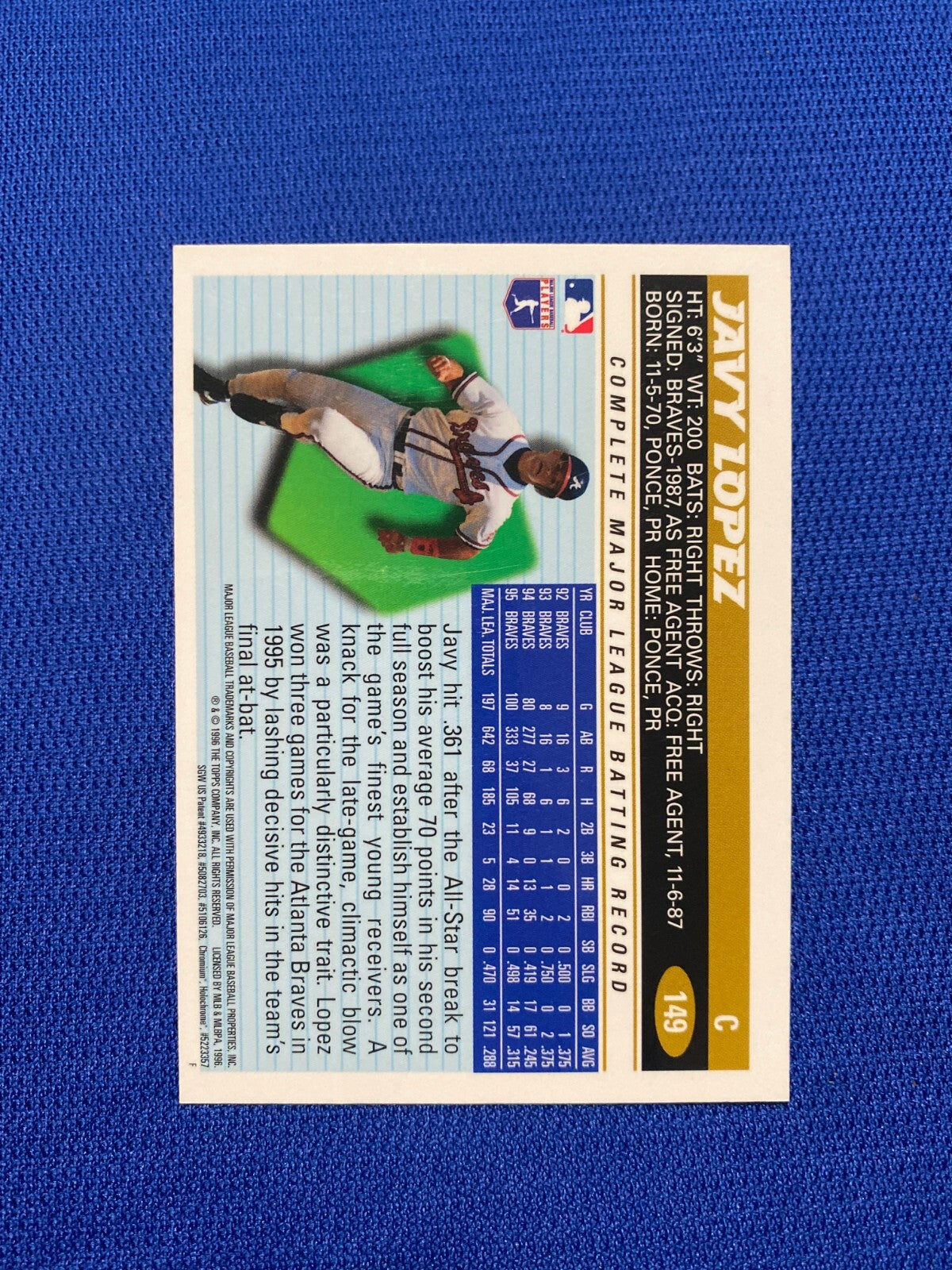 1996 TOPPS CHROME JAVY LOPEZ ATLANTA BRAVES SIGNED AUTOGRAPHED #149 CARD W/COA