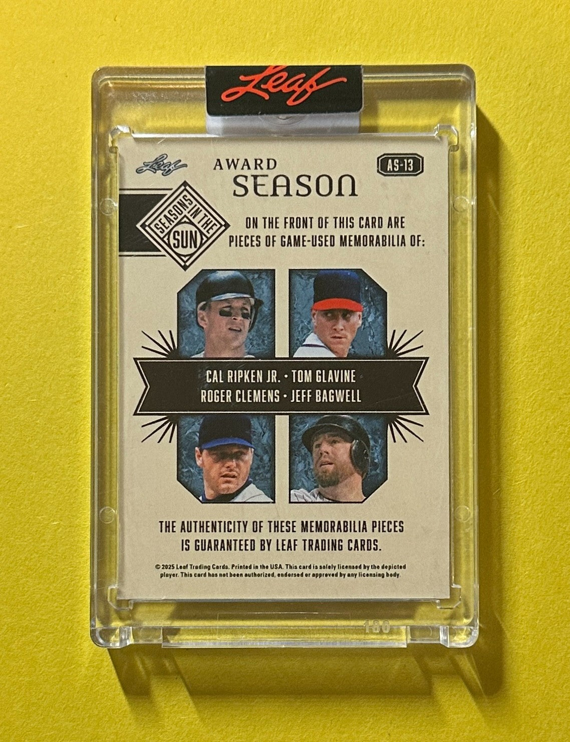 2025 LEAF SEASONS IN THE SUN CAL RIPKEN JR CLEMENS GLAVINE BAGWELL QUAD RELIC /4