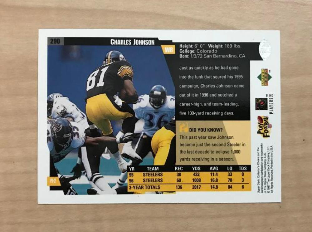 CHARLES JOHNSON PITTSBURGH STEELERS SIGNED 1997 UPPER DECK CARD #290 W/COA