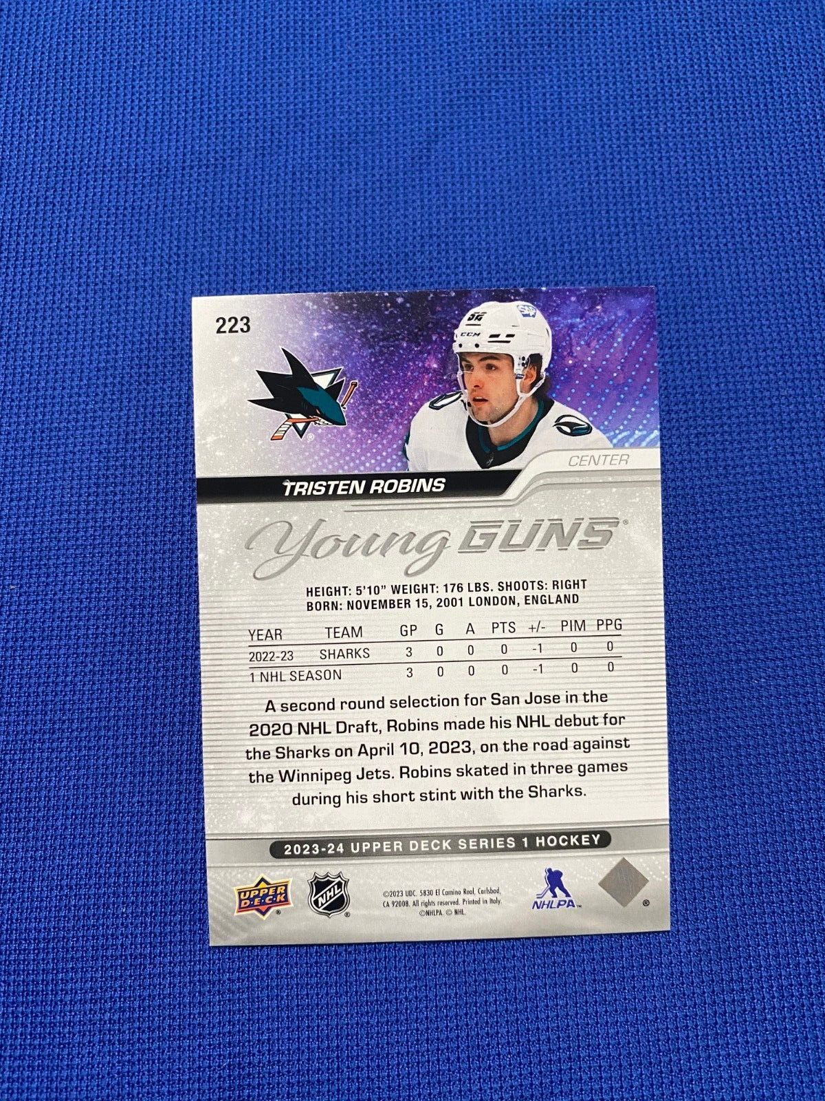 2023-24 UPPER DECK TRISTEN ROBINS SAN JOSE SHARKS YOUNG GUNS RC #223 SERIES 1