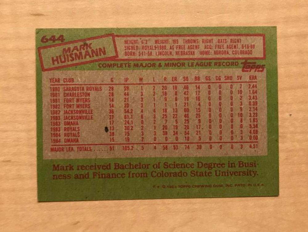 MARK HUISMANN KANSAS CITY ROYALS SIGNED AUTOGRAPHED 1985 TOPPS CARD #644 W/COA