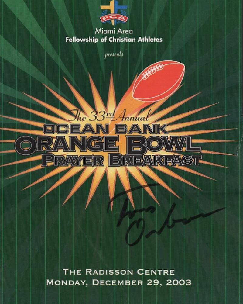 TOM OSBORNE 33RD ORANGE BOWL PROGRAM SIGNED 8X10 PHOTO W/ COA
