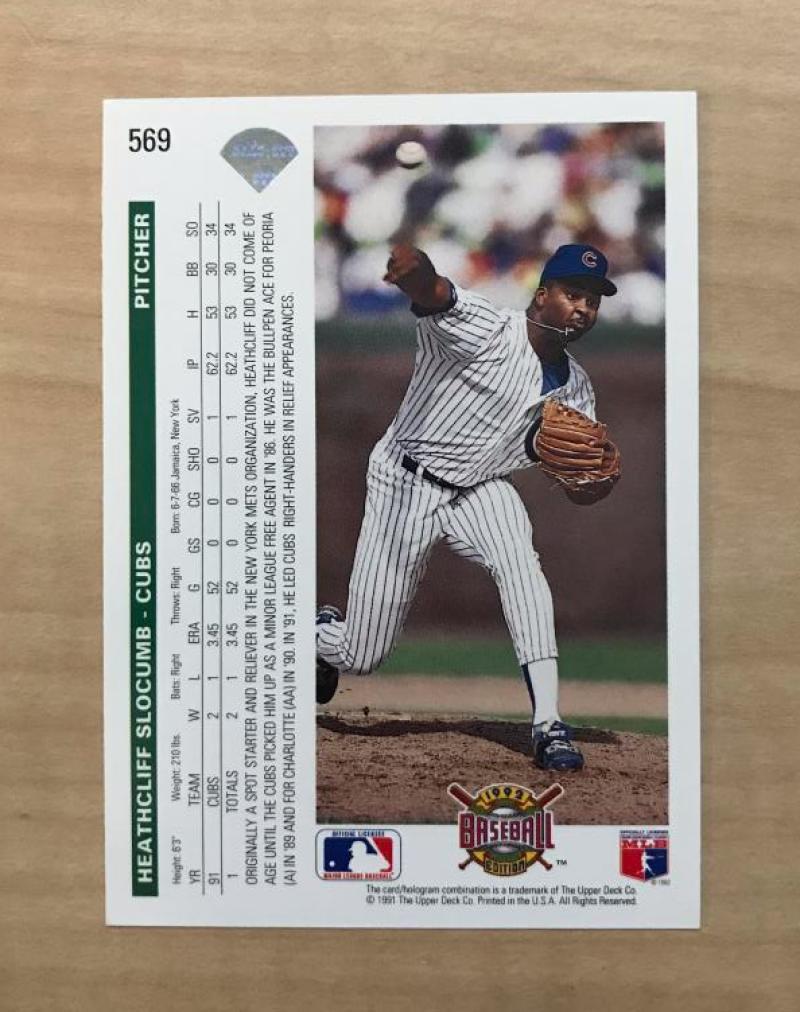 HEATHCLIFF SLOCUMB CHICAGO CUBS AUTOGRAPHED 1992 UPPER DECK CARD #569 W/COA 