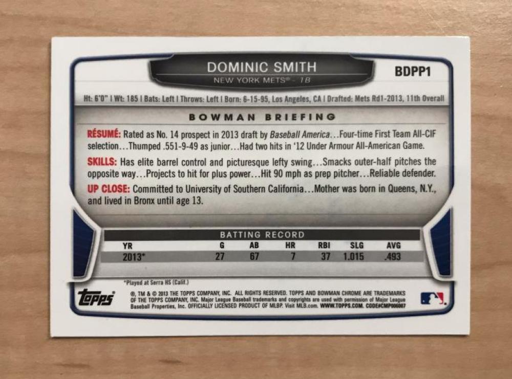 DOMINIC SMITH NEW YORK METS SIGNED AUTOGRAPHED 2013 CARD #BDPP1 W/COA